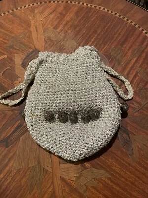 Vintage Silver Beaded Crochet Evening Bag Draw String Bucket Purse Handbag - Image 1 of 4