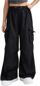 Girl's Wide Leg Cargo Pants High Elastic Waist Drawstring 12 Years, Black - Picture 1 of 5