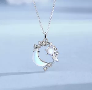 Crescent Moon Moonstone Crystals Necklace Pendant 925 Sterling Silver Women Gift - Picture 1 of 6