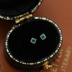 Dainty Princess Cut Emerald 925 Sterling Silver Tiny Claw Post Stud Earrings - Picture 1 of 6