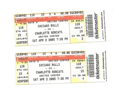 Chicago Bulls vs Charlotte Bobcats Unused Basketball Tickets April 2, 2005 - Image 1 of 2