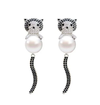 Fabulous White Pearl With CZ & Black Onyx 935 Silver Women's Unique Cat Earrings - Image 1 of 4