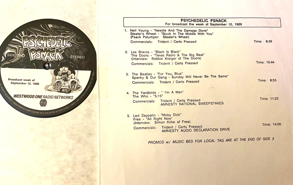 9/12/88 PSYCHEDELIC PSNACK RADIO SHOW, 5 MINI SHOWS (9 TO 15 MIN) & INTERVIEWS - Image 1 of 1