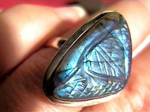 Natural labradorite CARVING RING 8 925 sterling silver bold elegant unisex FIRE  - Picture 1 of 7