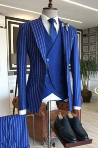 Men's Blue Striped Peak Lapel 3 Piece Formal Prom Groom Tuxedo Wedding Suit - Picture 1 of 8