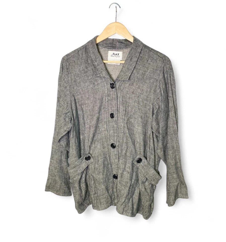 FLAX Black 100% Linen Jacket Tunic Womens Small Oversize Lagenlook Button Blazer - Image 1 of 4