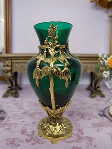 Green Glass Vase Gilt Chiseled Bronze Mounts Louis XVI Style Cassolette Vase - Picture 1 of 10