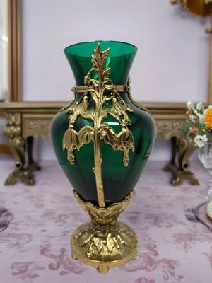 Green Glass Vase Gilt Chiseled Bronze Mounts Louis XVI Style Cassolette Vase  - Image 1 of 4