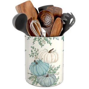 Fall Kitchen Decor Ceramic Utensil Holder, Farmhouse Fall Eucalyptus Blue Pum... - Foto 1 di 7