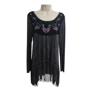 Womens Acid Wash Fringe Tunic Mini Dress Rose Embroidery Long Sleeve Festival M - Picture 1 of 7