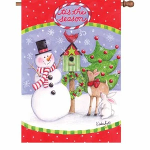 Festive Friends House Flag w Snowman Reindeer Cardinal and Bunny Premier Kite - Picture 1 of 1