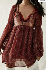 Free People Pennie Babydoll Mini Dress Size S Red rrp £140 - Picture 1 of 3