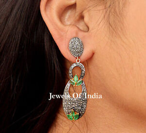 Natural Pave Diamond & Emerald 925 Sterling Silver Diamond Earrings Jewelry