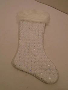 Christmas Stocking Quilted White Silver Sequins Faux white fur 18" Long - Picture 1 of 3