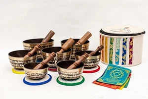 Harmonize Your Chakras-the Stunning Black & Golden Tibetan Singing Bowl Set of 7 - Picture 1 of 9