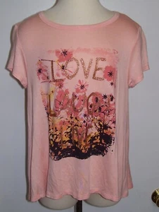 Girls Youth Pink Angel Love Peach Glittered Love Laugh Live Floral SS T Shirt L - Picture 1 of 4