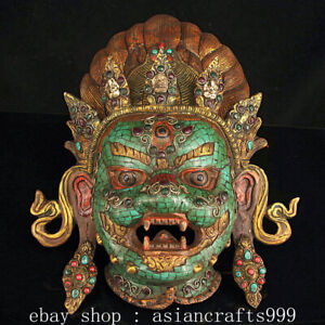 13.2" Alte Tibet Bronze Inlay Edelstein Zornliche Gottheit Buddha Maske Anhänger