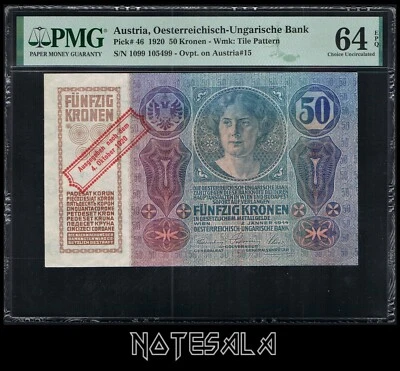 AUSTRIA 50 KRONEN 1920 Pick-46 PMG 64 AUNC EPQ S/N 1099 105499 - Image 1 of 2