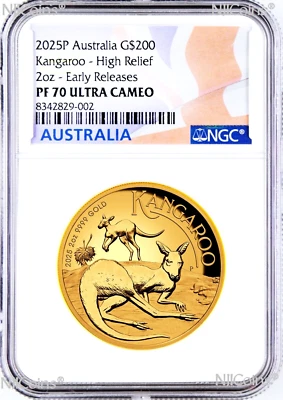 2025 Australian High Relief Proof Kangaroo $200 NGC PF70 .9999 2oz GOLD Coin ER - Image 1 of 4