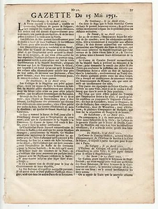 1751, May 15,Original French Gazette, Letters from Pondicherry on war - Bild 1 von 6