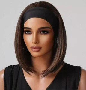 Mixed Brown Short Straight Synthetic Headband Wigs for Black Women Bob Hair Wigs - Picture 1 of 6