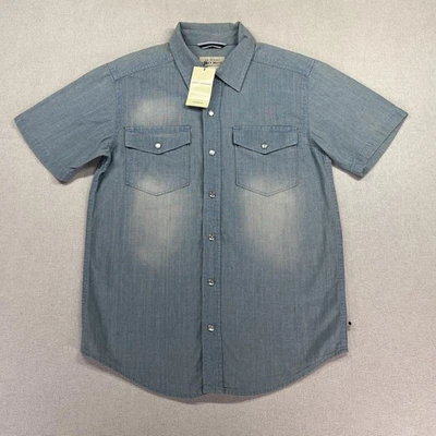 NWT Lucky Brand Shirt Boy's M Blue Denim Western Pearl Snap Pocket Graphic NEW - Image 1 of 4
