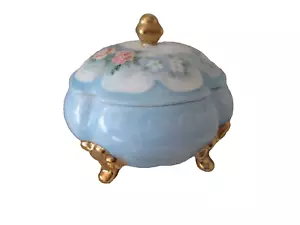 Vintage H Painted Trinket Powder Jewelry Box Scalloped Gold Footed w Finial Lid - Picture 1 of 7