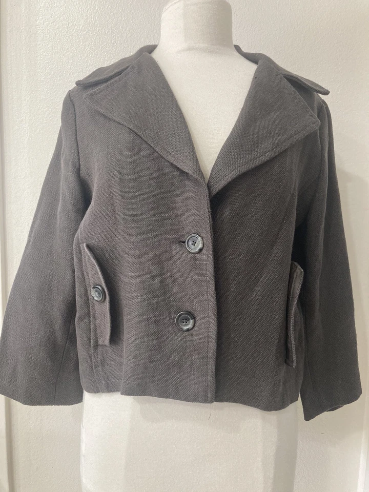 CAbi size 8 Linen short jacket gray/brown casual side pockets notch collar NEW - Image 1 of 4