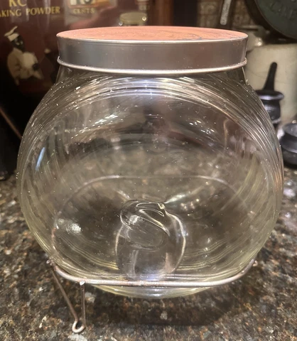 Vintage Sellers Hoosier Cabinet Triple Skip Embossed S Glass Sugar Jar W/ Stand Cover