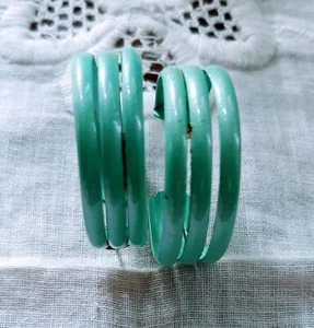 Vintage aqua duck egg 3 strand hoop pierced earrings 30mm diam. - Picture 1 of 2