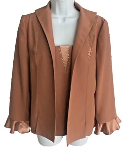 VTG 2 Piece Matching Sand Polyester Rhinestone Tank & Blazer Jacket M - Picture 1 of 11