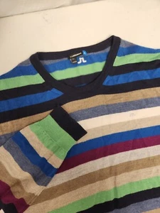 J.Lindeberg Merino Wool Jumper Sweater Mens Size XL Gray V Neck Rainbow Striped - Picture 1 of 7