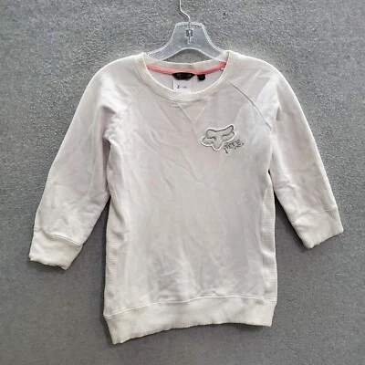 Fox Racing Women Sweater Small White Logo Embroidered 3/4 Sleeve Crew Neck READ - Image 1 of 4