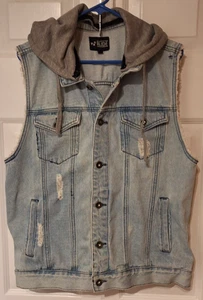 Gilet denim XXX RUDE con cappuccio giacca jeans invecchiato XL camionista motociclista punk grunge - Foto 1 di 10