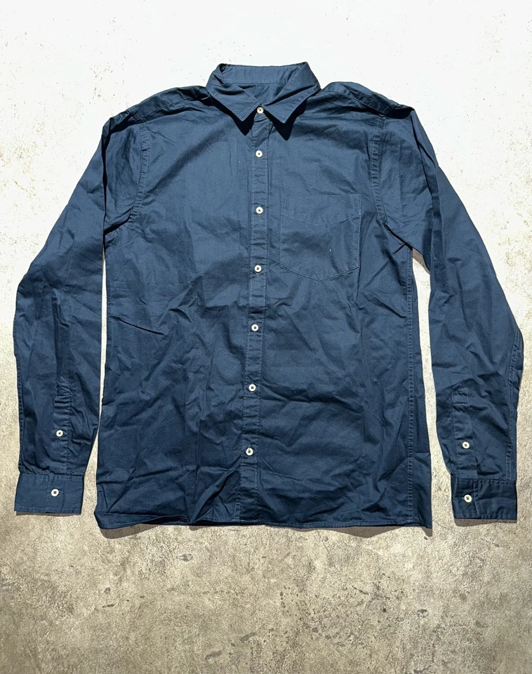 Zara Mens S Relaxed Fit Button Down Shirt Blue Linen Blend Band Collar Classic - Image 1 of 4