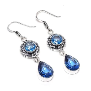 Aquamarine Gemstone Handmade 925 Sterling Silver Jewelry Earrings Size 1.9" - Picture 1 of 1