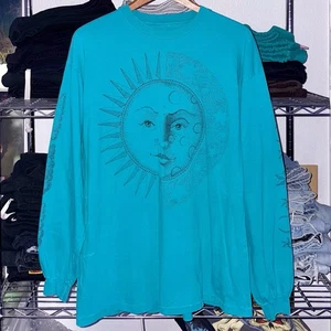 Vintage 80s 90s Sun Moon Psychedelic Hipster Teal Blue Long Sleeve Graphic Tee - Bild 1 von 4
