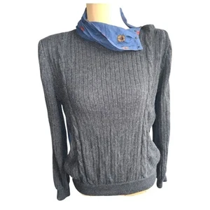 Vintage Valentino 80s Sweater Top Gray Rib Knit Blue Pattern Shoulder Size Small - Picture 1 of 14
