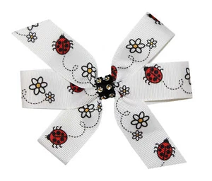 WD2U 4" Red Black Lady Bug & Daisy Rhinestone Hair Bow French Clip Barrette - Picture 1 of 2