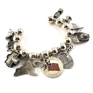 Vintage Sterling Silver USA CHARM Cuff Bangle Bead Bracelet 911 World Trade NYC - Picture 1 of 7
