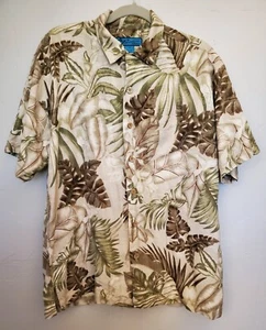 Paradise Blue Men's 100% Silk Hawaiian Leaf Print Button Up Shirt ~ Size M - Picture 1 of 7
