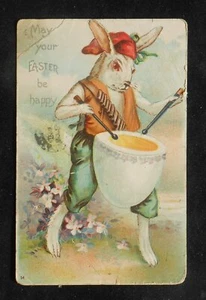 1908 Easter Greetings Charming Dressed Rabbit Beating Hard Boiled Egg Drum PC - Picture 1 of 1