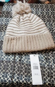womens calvin klein knit hat puff ball fleece lined beige - Picture 1 of 2