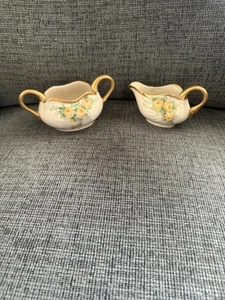 Creamer and Sugar Bowl - Vintage Porcelain - Hand Painted Yellow Roses Rochelle - Picture 1 of 10