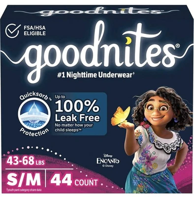 Нижнее белье для ночного недержания мочи для девочек Goodnites, размер S/M (43-68 фунтов) - Изображение 1 из 4