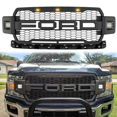 Parrilla delantera para Ford F150 Raptor 2018-2020 parrilla negra con letras/2 luces laterales Foto 1 de 4