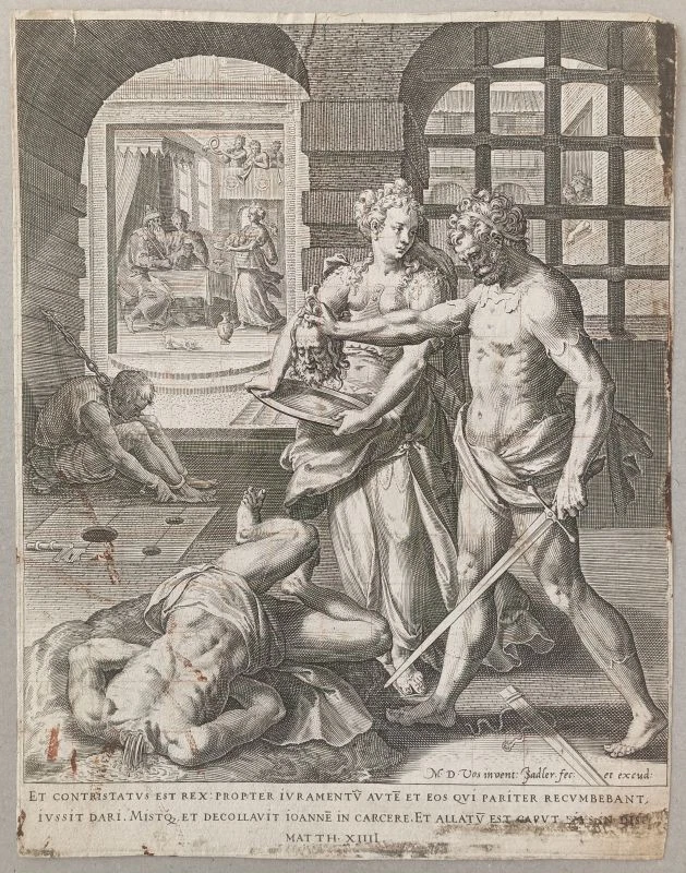 Et contristatus est rex Sadeler n. de Vos Kupferstich Enthauptung Johannes 1590 - Bild 1 von 4