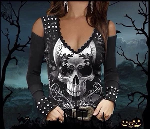 Top donna teschio spalle fredde borchie taglia M gotico rock punk scollo a V camicia - Foto 1 di 10