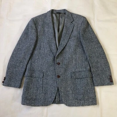 Blazer Baskin EUA Vintage Harris Tweed Herringbone Lã Botões de Couro Cinza Muito Bom Estado - Imagem 1 de 4