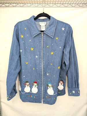 The Quaker Factory Vintage Women Snowman Themed Full Zip Jean Jacket Size Large - Image 1 of 4